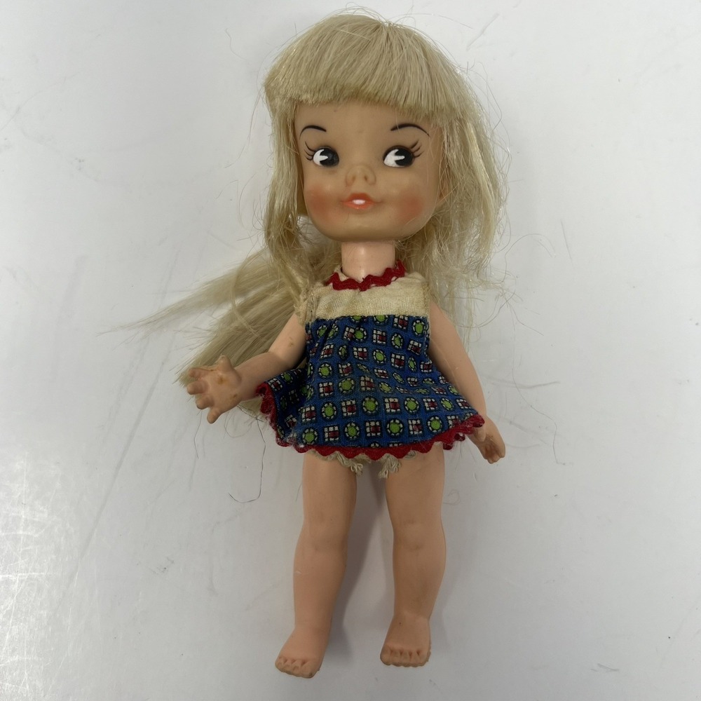 Vintage Remco Heidi Doll Side Glancing Blonde Hair Blue Dress 1960s Collectible